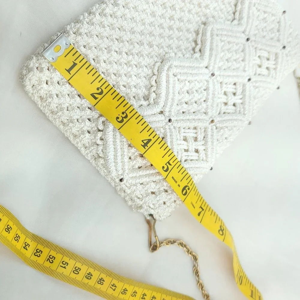 Womens White Woven Knitted Rectangle Shape Chain Strap Lightweight Clutch Bag